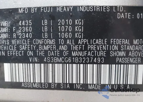 2011 Subaru Legacy 2.5I Premium from USA, damaged, VIN 4S3BMCG61B3237493